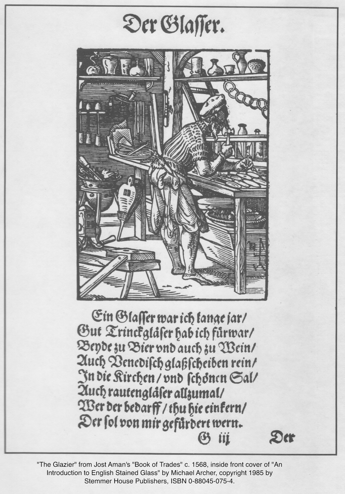 A print from 1568 showing glass makers coloring glass [An Introduction to English Stained Glass, Michael Archer (1985)]