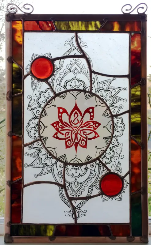 Image of a stylized flower design rendered in stained glass